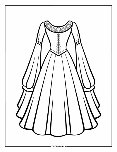 Coloriage de robe pour enfants : Une robe de princesse médiévale avec des manches longues et des détails complexes en perles