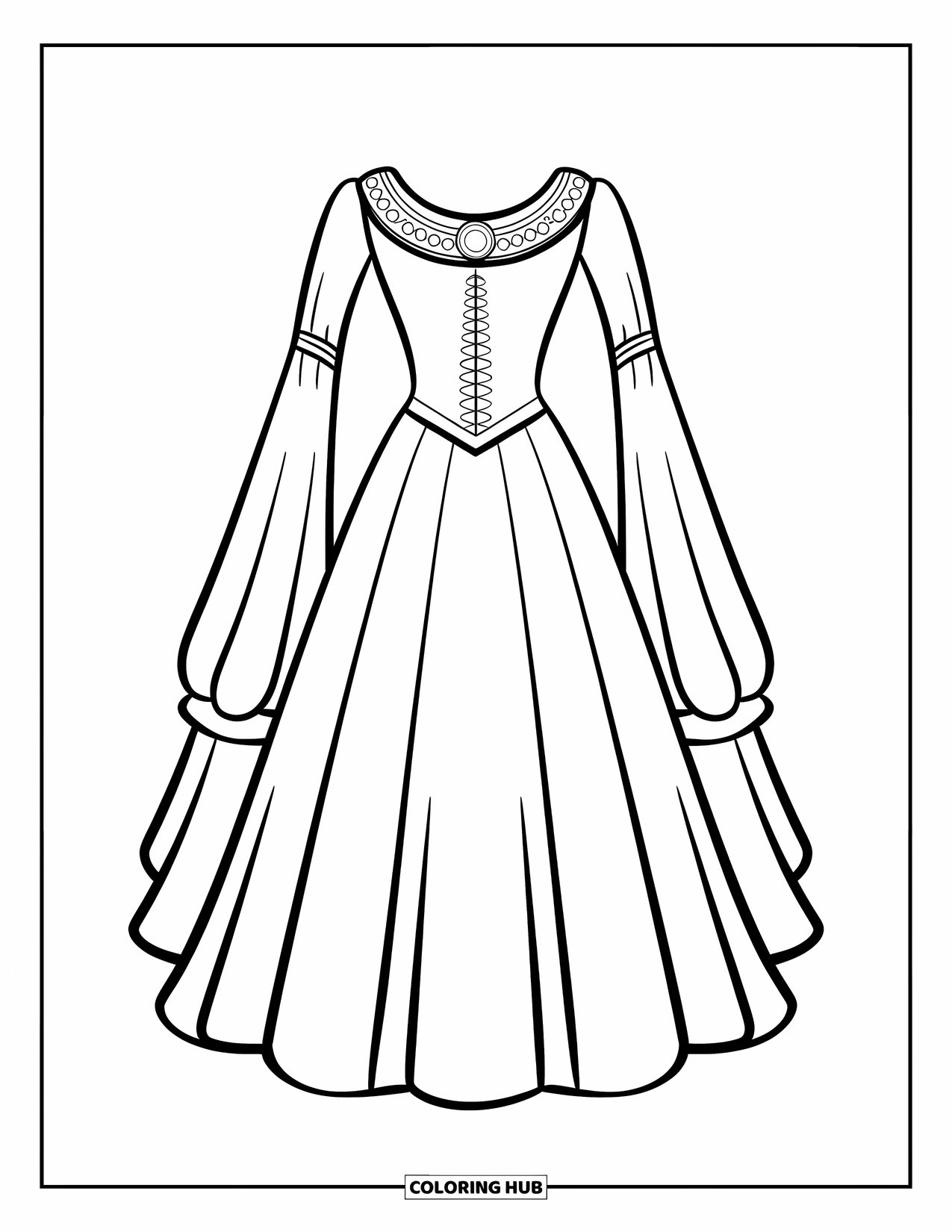 Dress Coloring Page for Kids: A medieval princess dress with long sleeves and intricate bead details