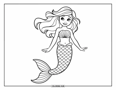 Coloriage de robe pour enfants : Une robe de sirène avec une queue à écailles et un haut en coquillage, portée par une jeune sirène souriante