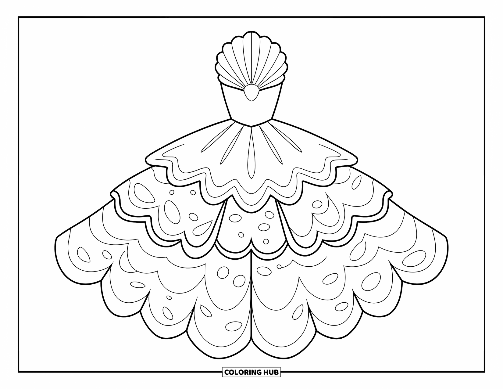 Dress Coloring Page for Kids: A mermaid dress with a seashell top and playful details, perfect for ocean lovers