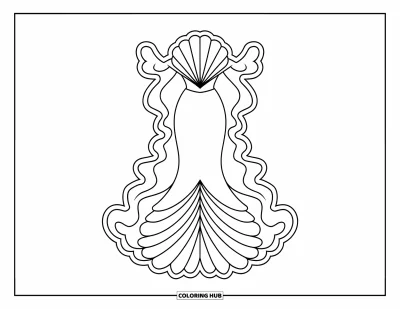 Coloriage de robe pour enfants : Une robe de sirène avec des lignes ondulées et un haut en coquillage, conçue pour un thème océanique joyeux