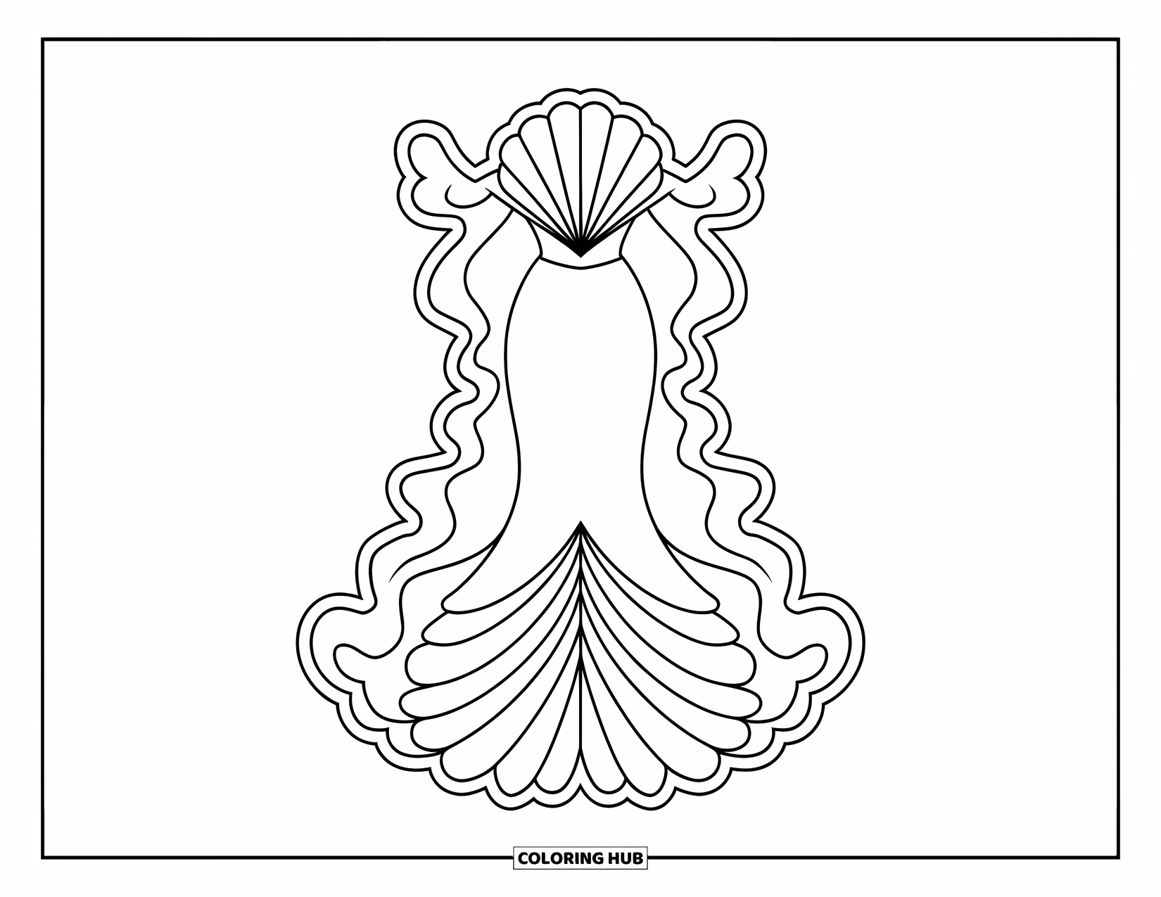 Dress Coloring Page for Kids: A mermaid dress with wavy lines and a seashell top, designed for a cheerful ocean theme