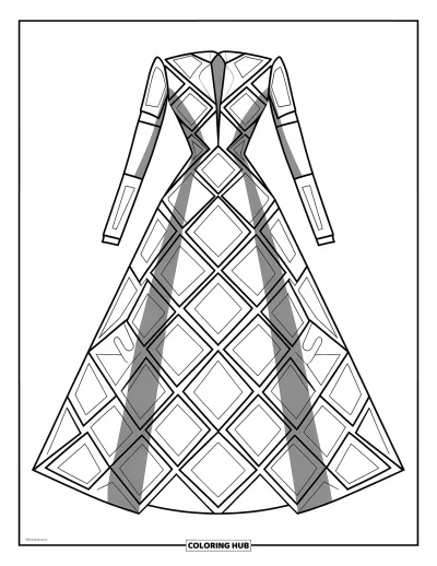 Coloriage de robe pour enfants : Une robe de défilé moderne avec une silhouette élégante et des découpes élégantes