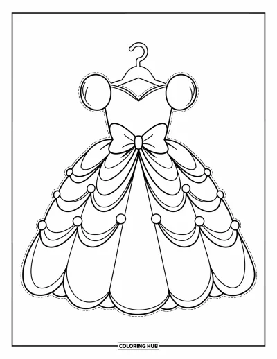 Coloriage de robe pour enfants : Une robe de princesse avec une jupe moelleuse et un grand nœud, élégamment présentée sur un cintre