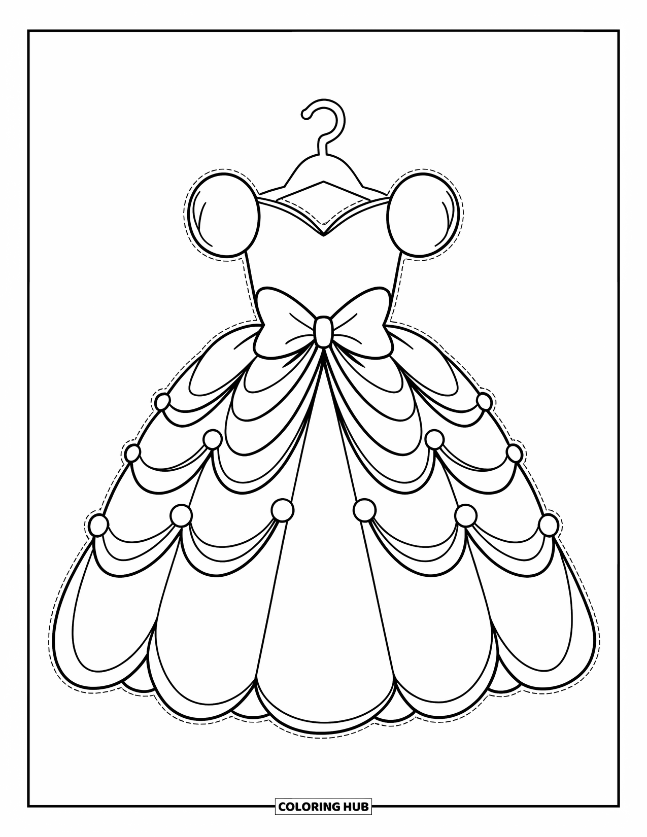 Dress Coloring Page for Kids: A princess dress with a fluffy skirt and a big bow, elegantly displayed on a hanger