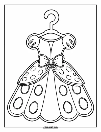Coloriage de robe pour enfants : Une robe de princesse avec une jupe ample, un grand nœud à la taille et un cintre en forme de couronne