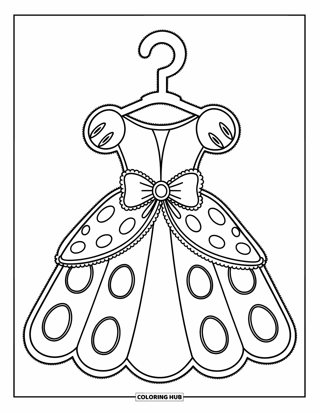 Dress Coloring Page for Kids: A princess dress with a full skirt, a large waist bow, and a hanger shaped like a crown