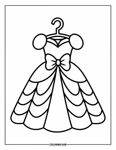 Coloriage de robe pour enfants : Une robe de princesse avec une jupe volumineuse, un nœud à la taille et un style joyeux et ludique