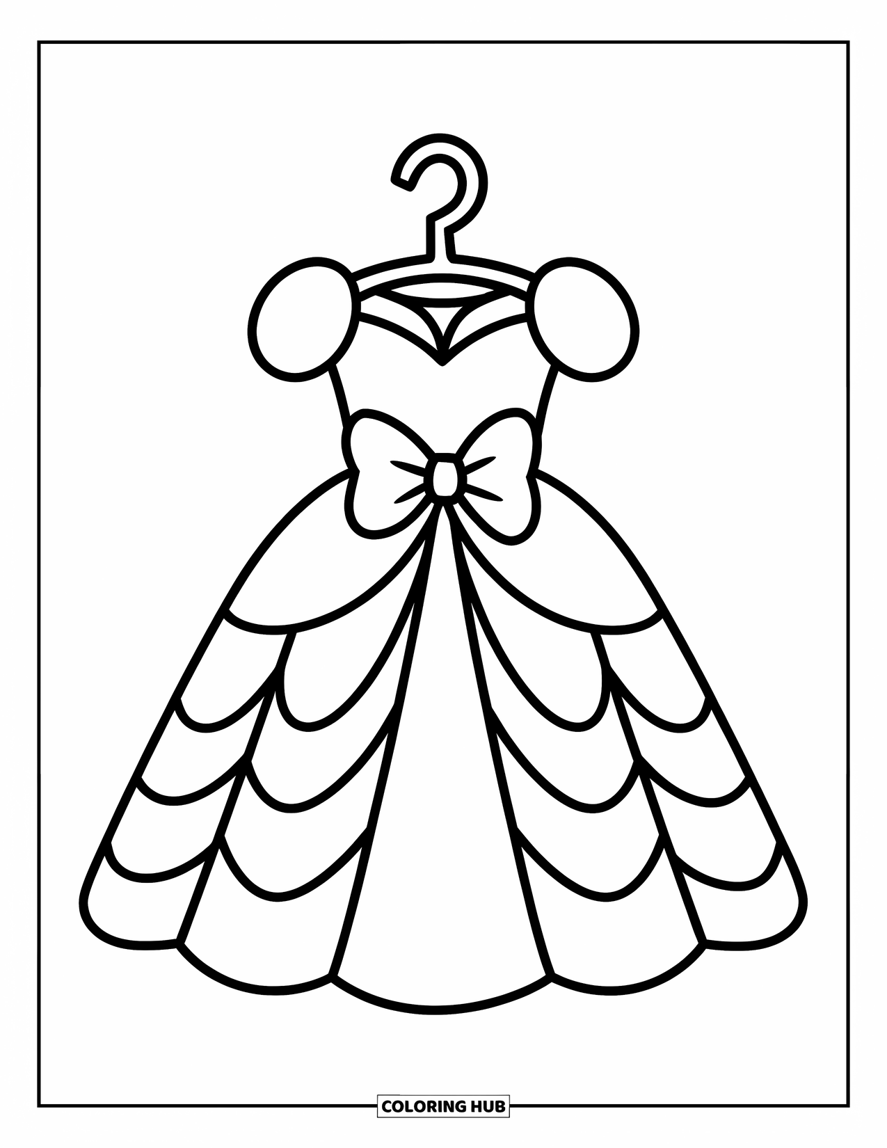 Dress Coloring Page for Kids: A princess dress with a voluminous skirt, a waist bow, and a cheerful, playful style