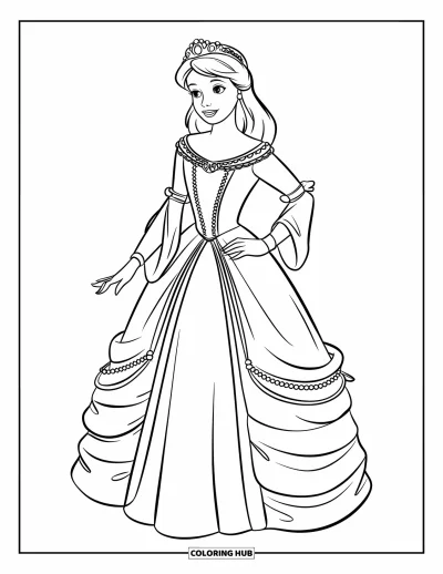 Coloriage de robe pour enfants : Une princesse dans une robe médiévale avec des perles, des couches et une couronne délicate