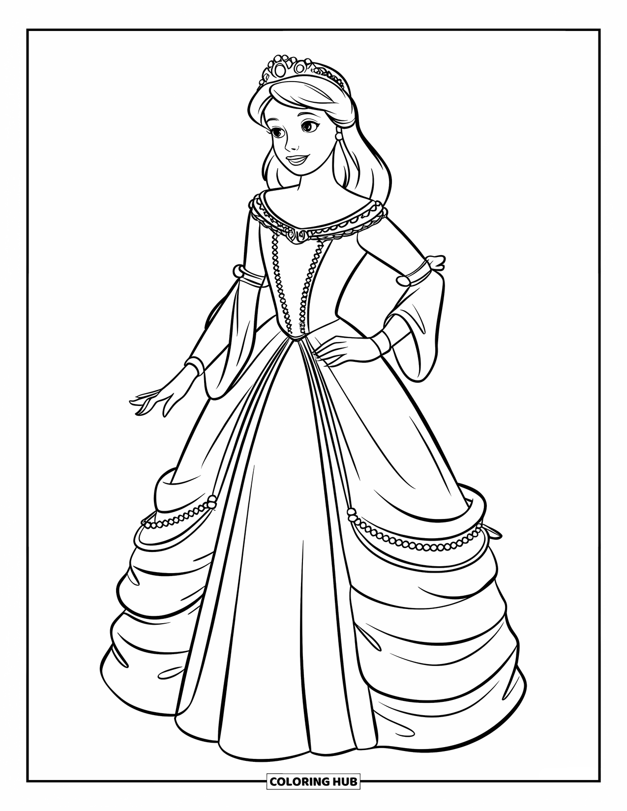 Dress Coloring Page for Kids: A princess in a medieval gown with beadwork, layers, and a delicate crown