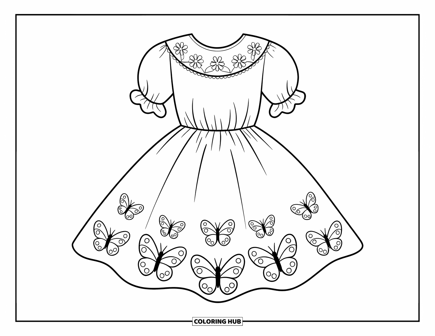 Dress Coloring Page for Kids: A princess in a spring dress with butterflies, designed for a relaxing coloring experience