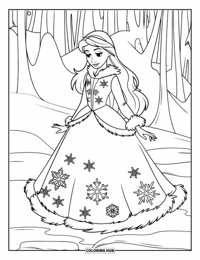 Coloriage de robe pour enfants : Une princesse dans une robe d'hiver avec des détails de flocons de neige, debout sur un sol enneigé