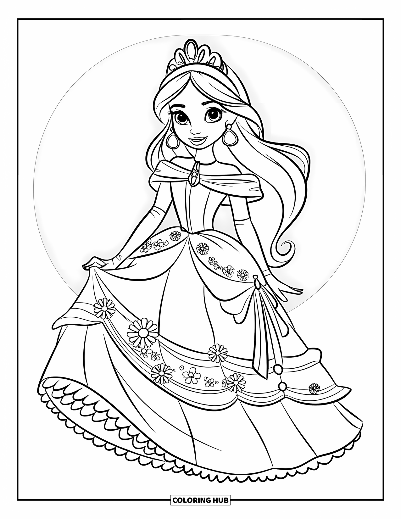 Dress Coloring Page for Kids: A princess wearing a festival dress with a sash, set in a decorative frame