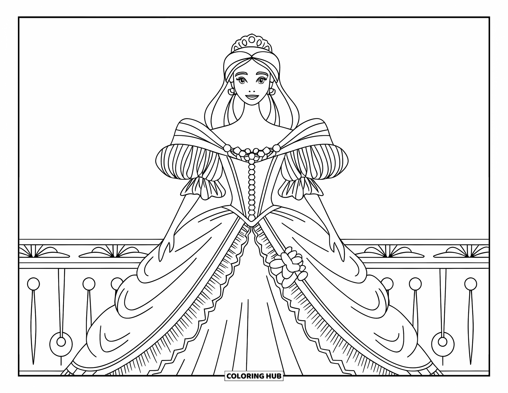 Dress Coloring Page for Kids: A princess wearing a Victorian gown with a crown, standing in a simple setting