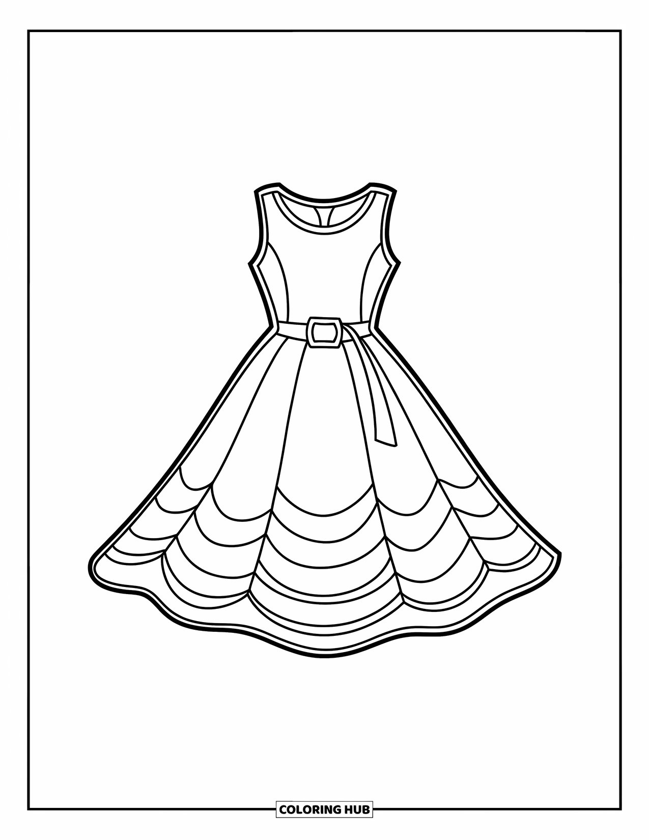 Dress Coloring Page for Kids: A sleeveless summer dress with a fun, wavy hem and a stylish belt at the waist