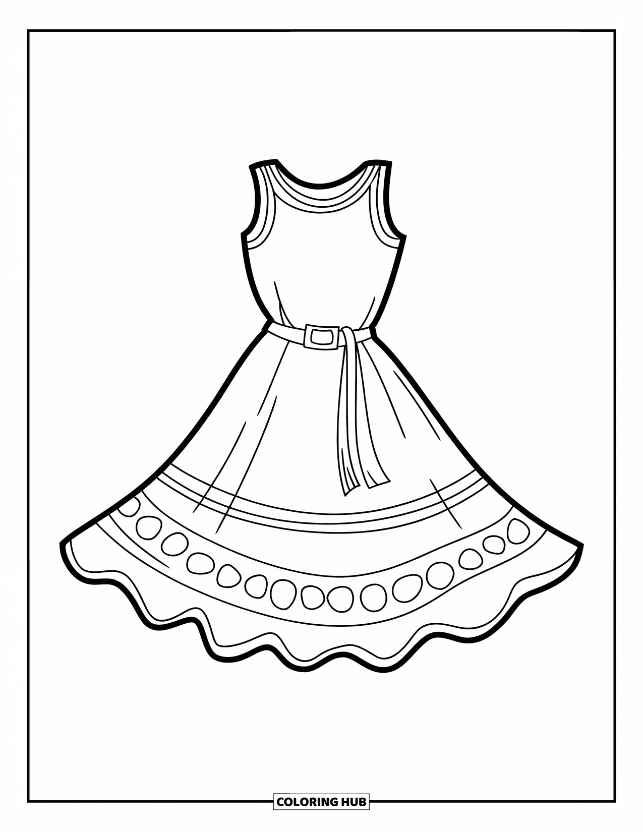 Dress Coloring Page for Kids: A sleeveless summer dress with a simple, flowing design and a stylish belt at the waist