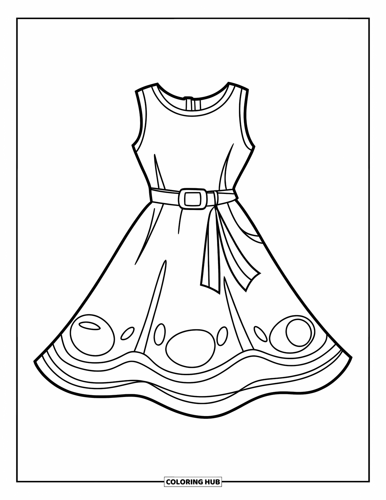 Dress Coloring Page for Kids: A sleeveless summer dress with a wavy hem and a belt, designed for a fun, breezy style