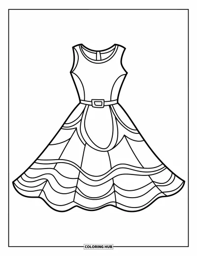 Coloriage de robe pour enfants : Une robe d'été sans manches avec des formes audacieuses, un ourlet ondulé et un look joyeux et ludique
