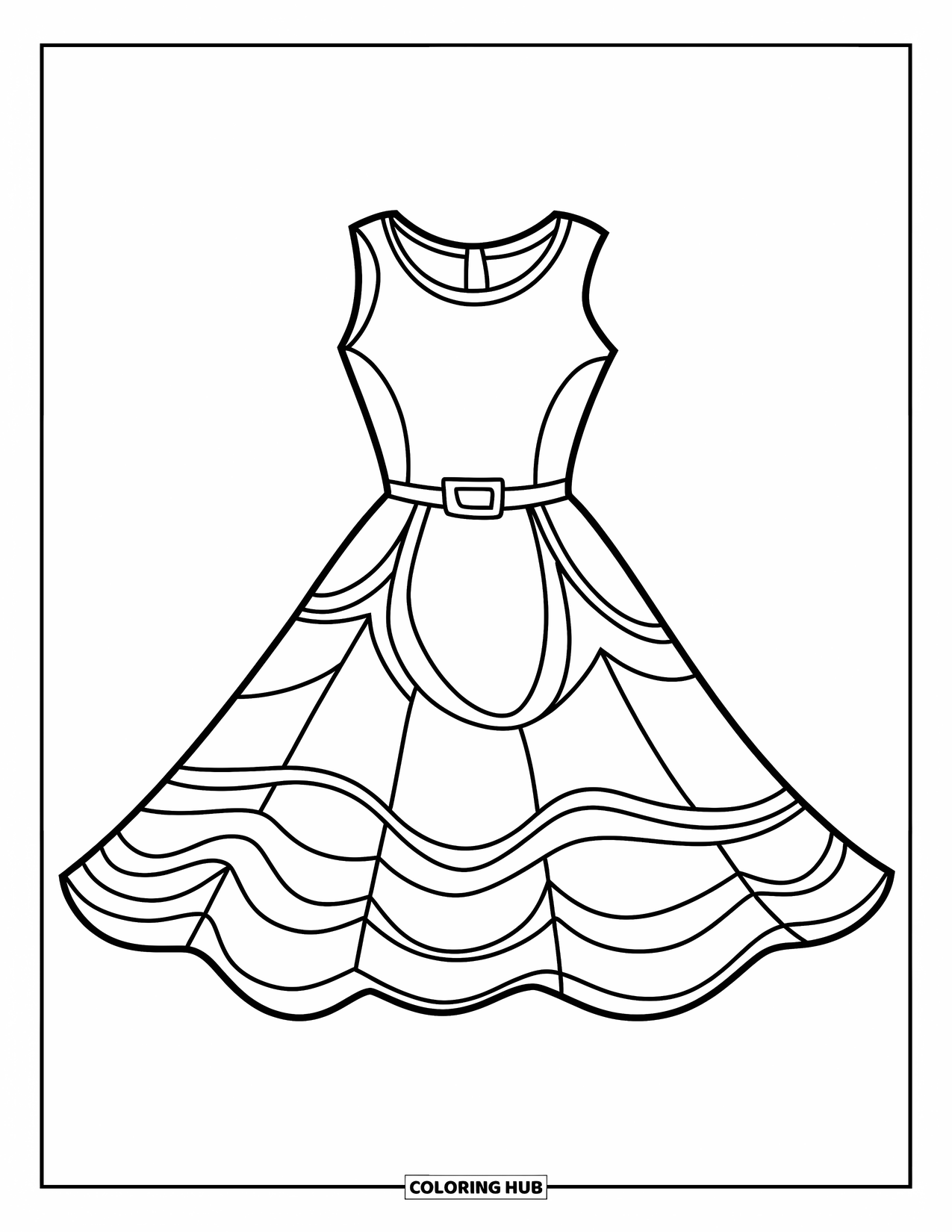 Dress Coloring Page for Kids: A sleeveless summer dress with bold shapes, a wavy hem, and a cheerful, playful look