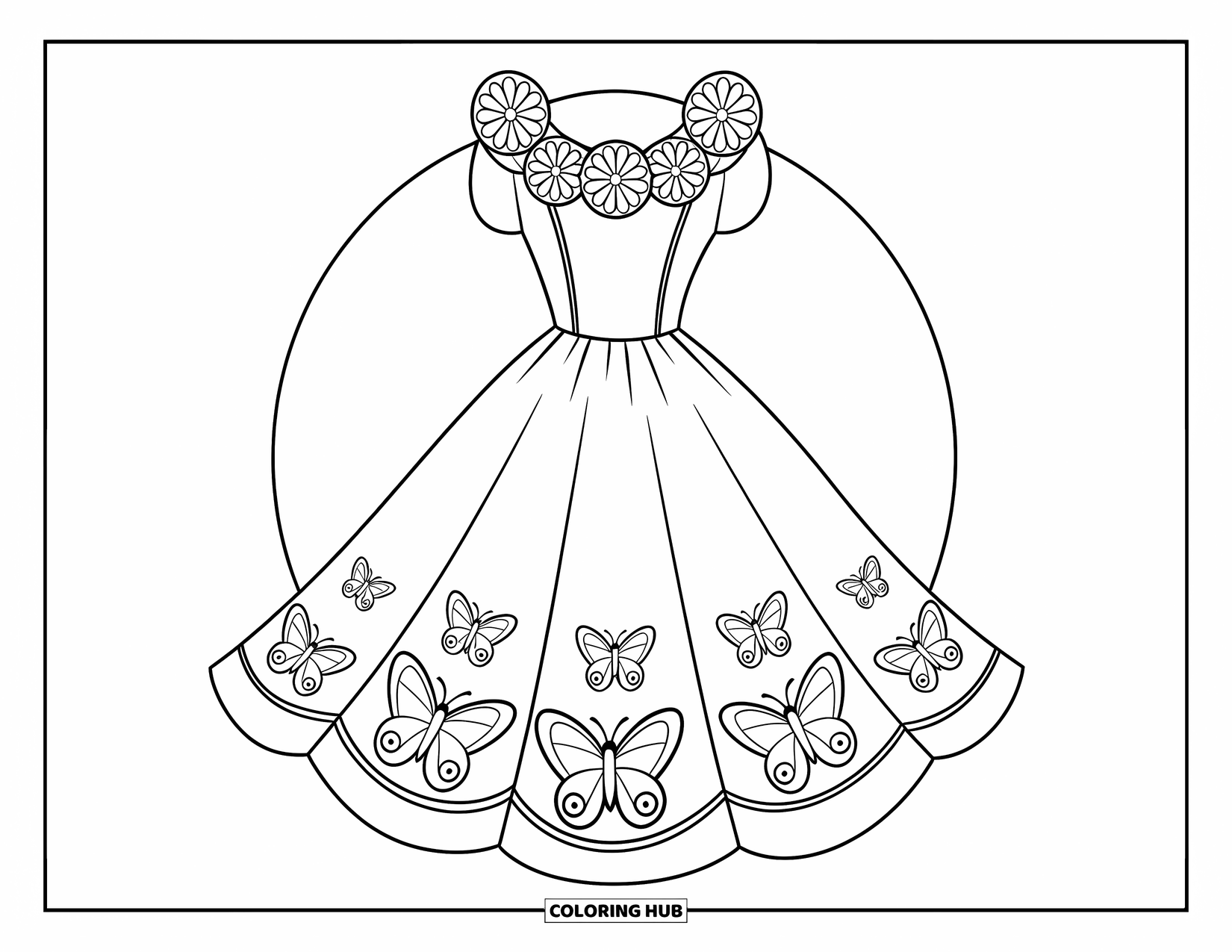 Dress Coloring Page for Kids: A spring dress with a floral collar and butterfly details worn by a princess