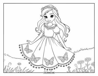 Coloriage de robe pour enfants : Une robe sur le thème du printemps avec des détails de papillons et un délicat col floral