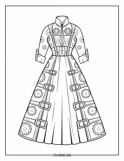 Coloriage de robe pour enfants : Une robe steampunk avec des engrenages et un col montant, sur un fond blanc