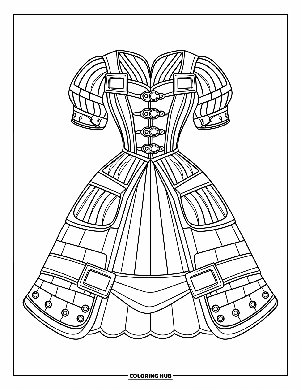 Dress Coloring Page for Kids: A steampunk dress with metal buckles and a Victorian silhouette