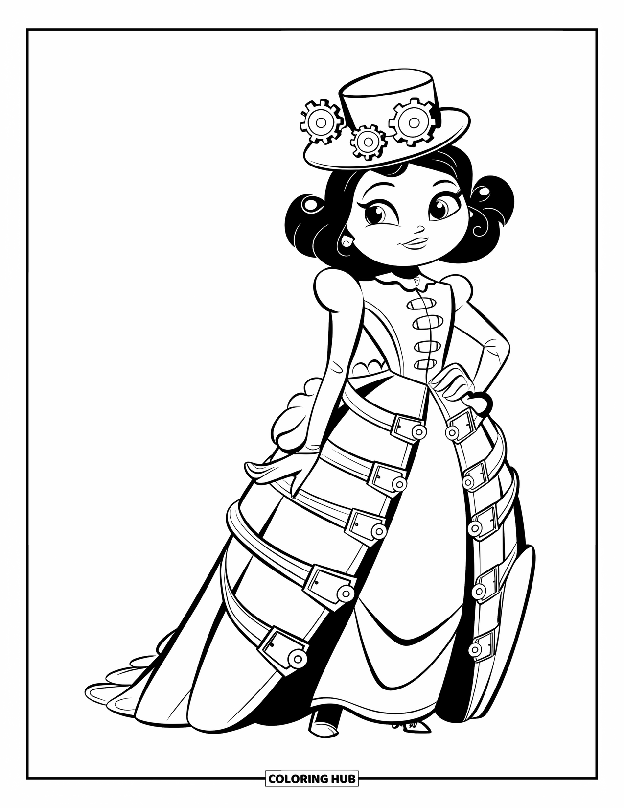 Dress Coloring Page for Kids: A steampunk dress worn by a character with a matching hat adorned with gears