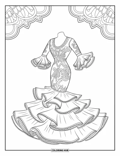 Coloriage de robe pour enfants : Une robe de flamenco traditionnelle avec des volants superposés et des motifs élégants