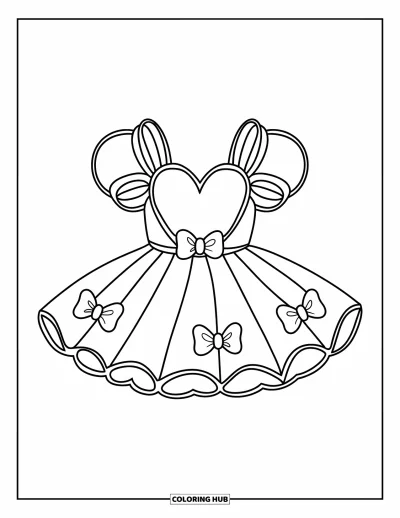Coloriage de robe pour enfants : Une robe tutu avec une jupe évasée, un haut en forme de cœur et des nœuds décoratifs pour plus de charme