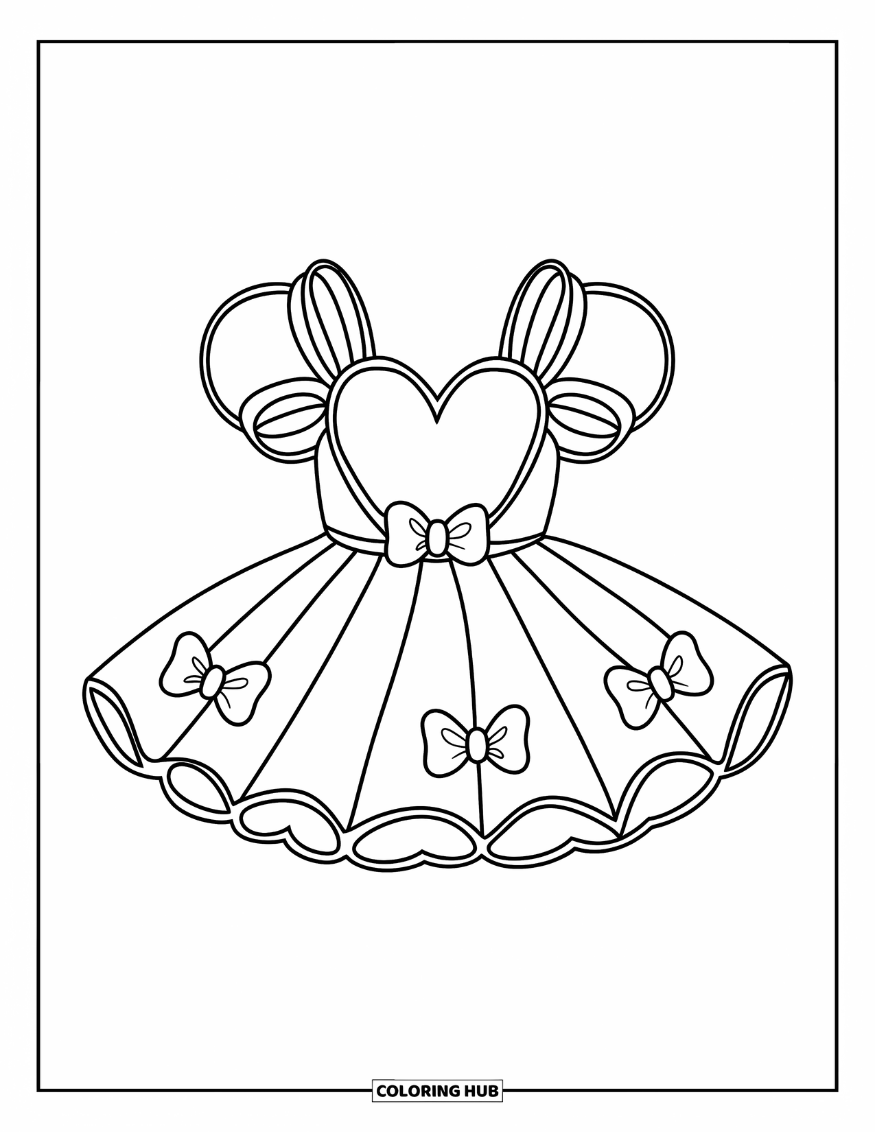 Dress Coloring Page for Kids: A tutu dress with a flared skirt, heart-shaped top, and decorative bows for added charm