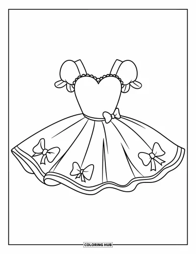 Coloriage de robe pour enfants : Une robe tutu avec une jupe fluide, un haut en forme de cœur et des détails de nœuds ludiques