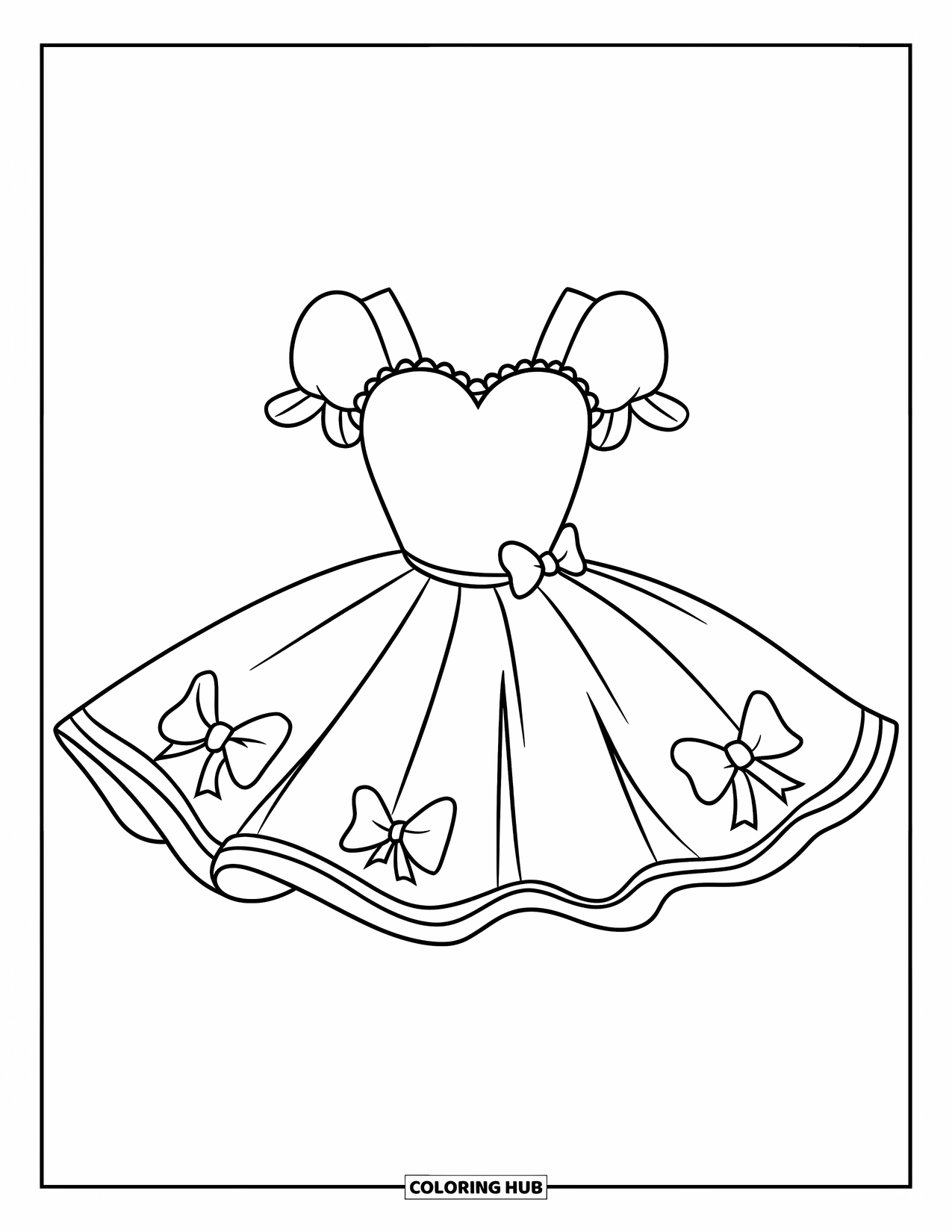 Dress Coloring Page for Kids: A tutu dress with a flowing skirt, heart-shaped top, and playful bow details