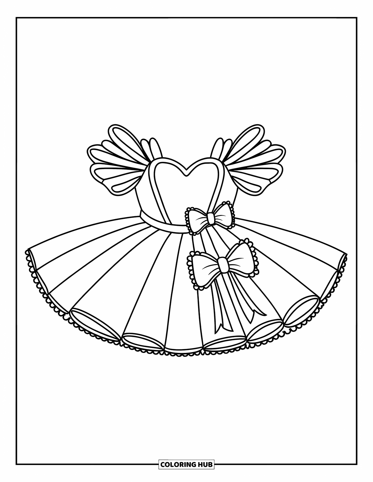 Dress Coloring Page for Kids: A tutu dress with a wide skirt, heart-shaped bodice, and large bows for a playful look