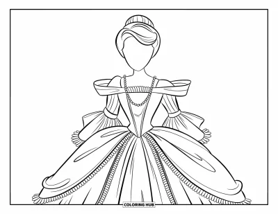 Coloriage de robe pour enfants : Une robe victorienne avec d'élégants volants et des perles, sur un fond blanc