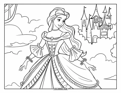 Coloriage de robe pour enfants : Une robe de style victorien avec des volants, des perles et des manches spectaculaires, portée par une princesse