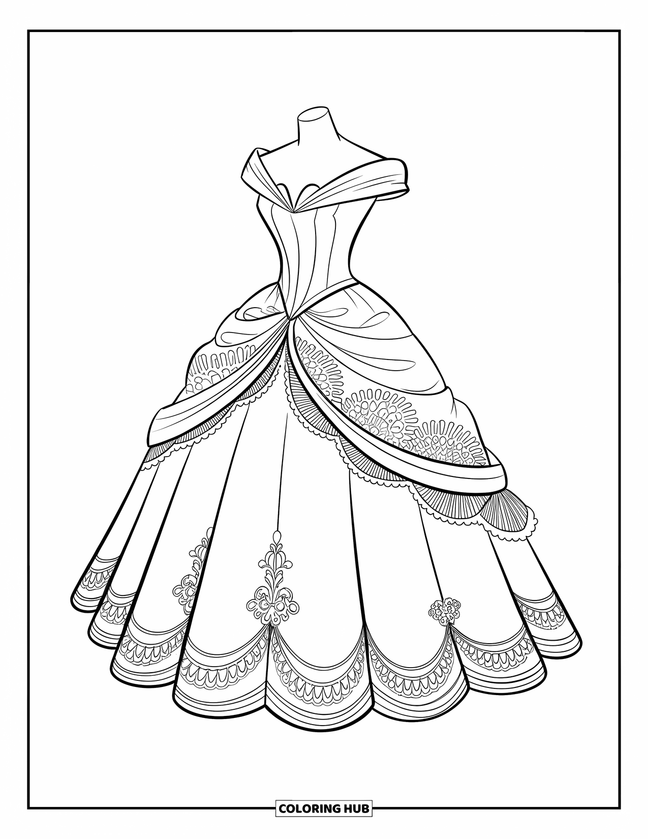 Dress Coloring Page for Kids: A vintage dress form showcasing a lace-inspired ballroom gown with elegant details