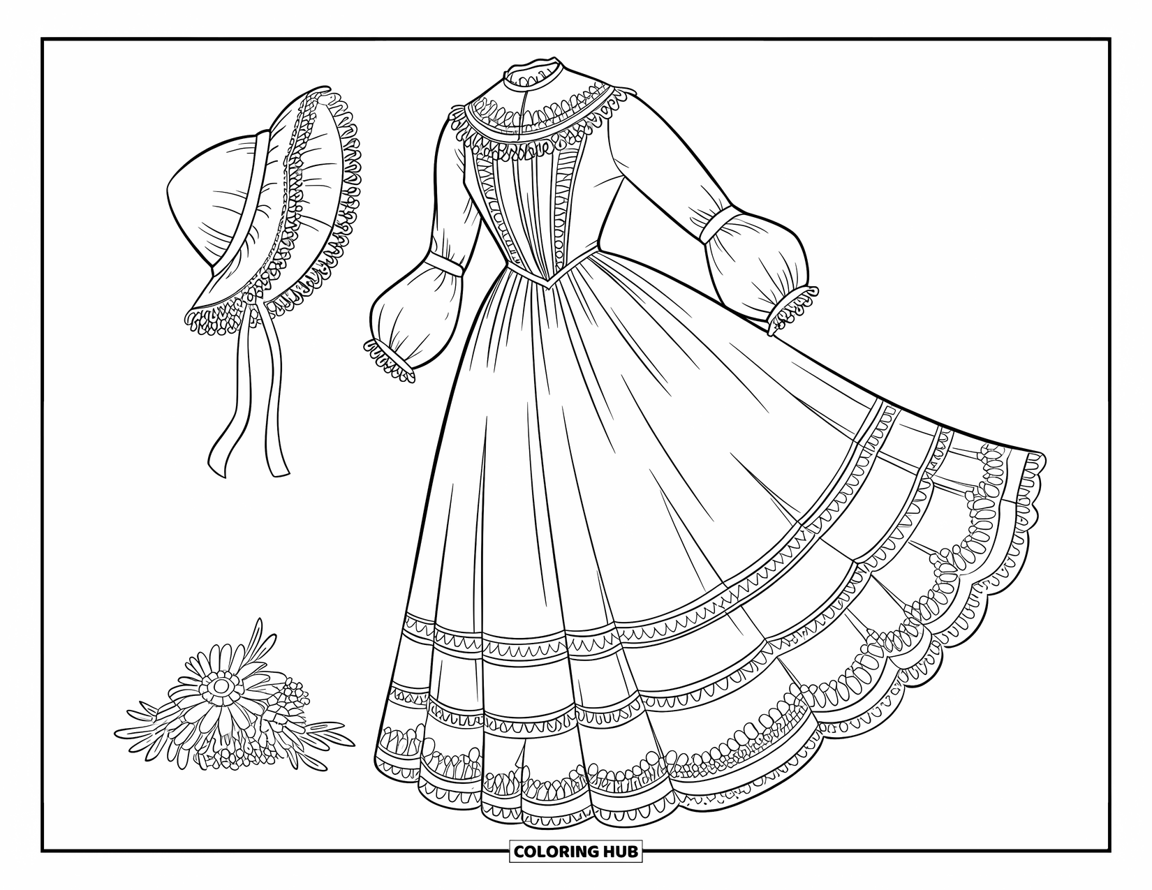 Dress Coloring Page for Kids: A vintage dress with lace detailing and a matching bonnet placed nearby