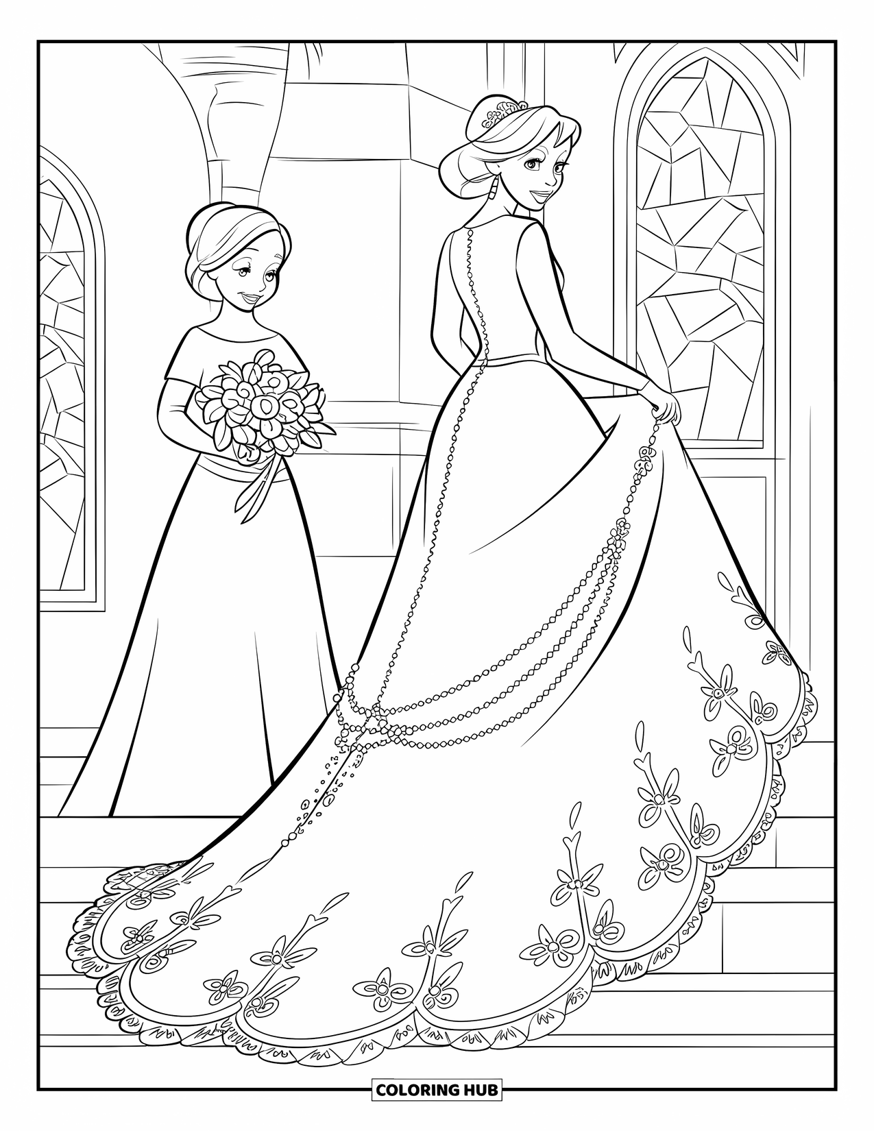 Dress Coloring Page for Kids: A wedding dress with a long train, held by a bridesmaid near a church