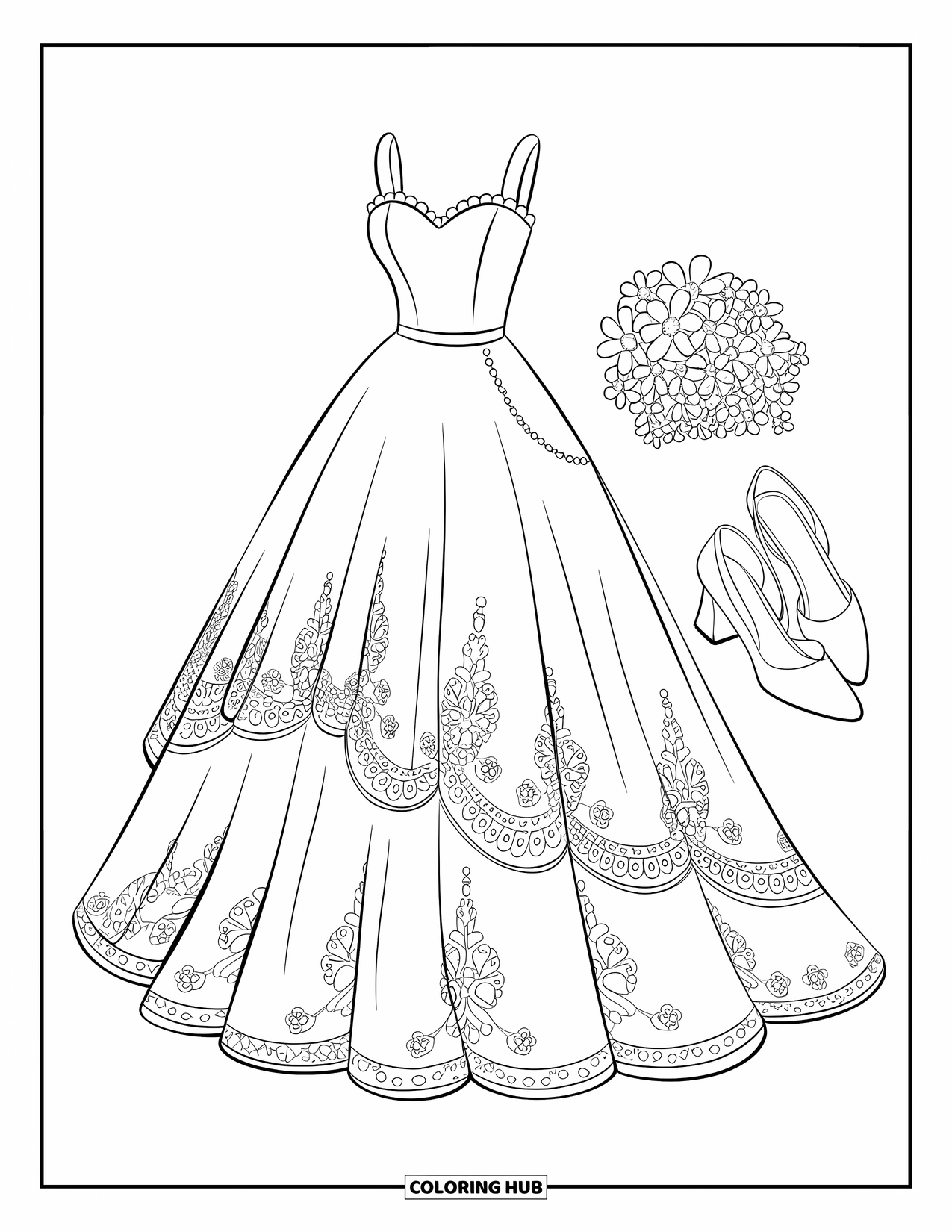 Dress Coloring Page for Kids: A wedding dress with cascading lace and a pearl chain along the waistline