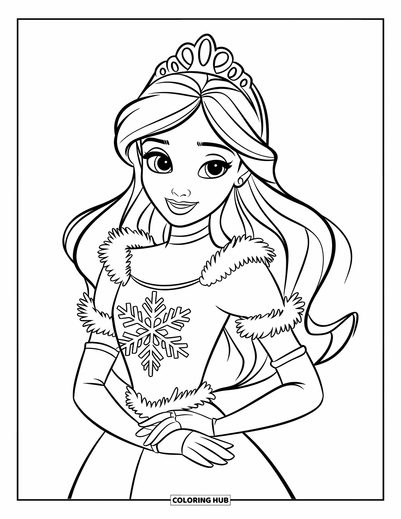 Dress Coloring Page for Kids: A winter gown with a snowflake bodice, worn by a princess with a crown