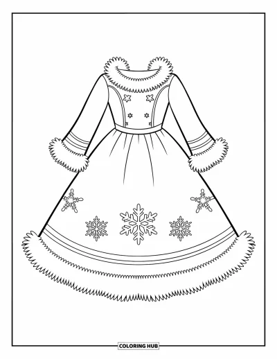 Coloriage de robe pour enfants : Une robe sur le thème de l'hiver avec des motifs de flocons de neige et une bordure moelleuse
