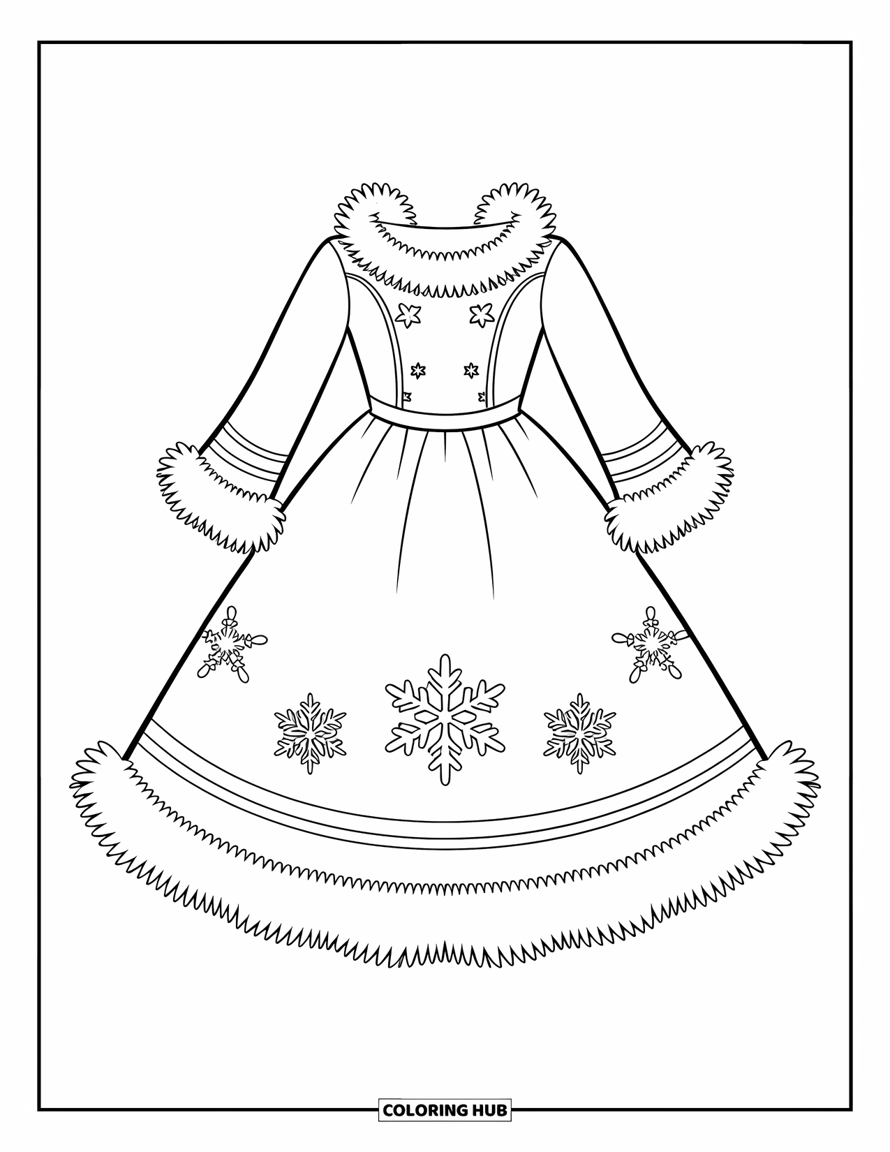 Dress Coloring Page for Kids: A winter-themed dress with snowflake patterns and fluffy trim