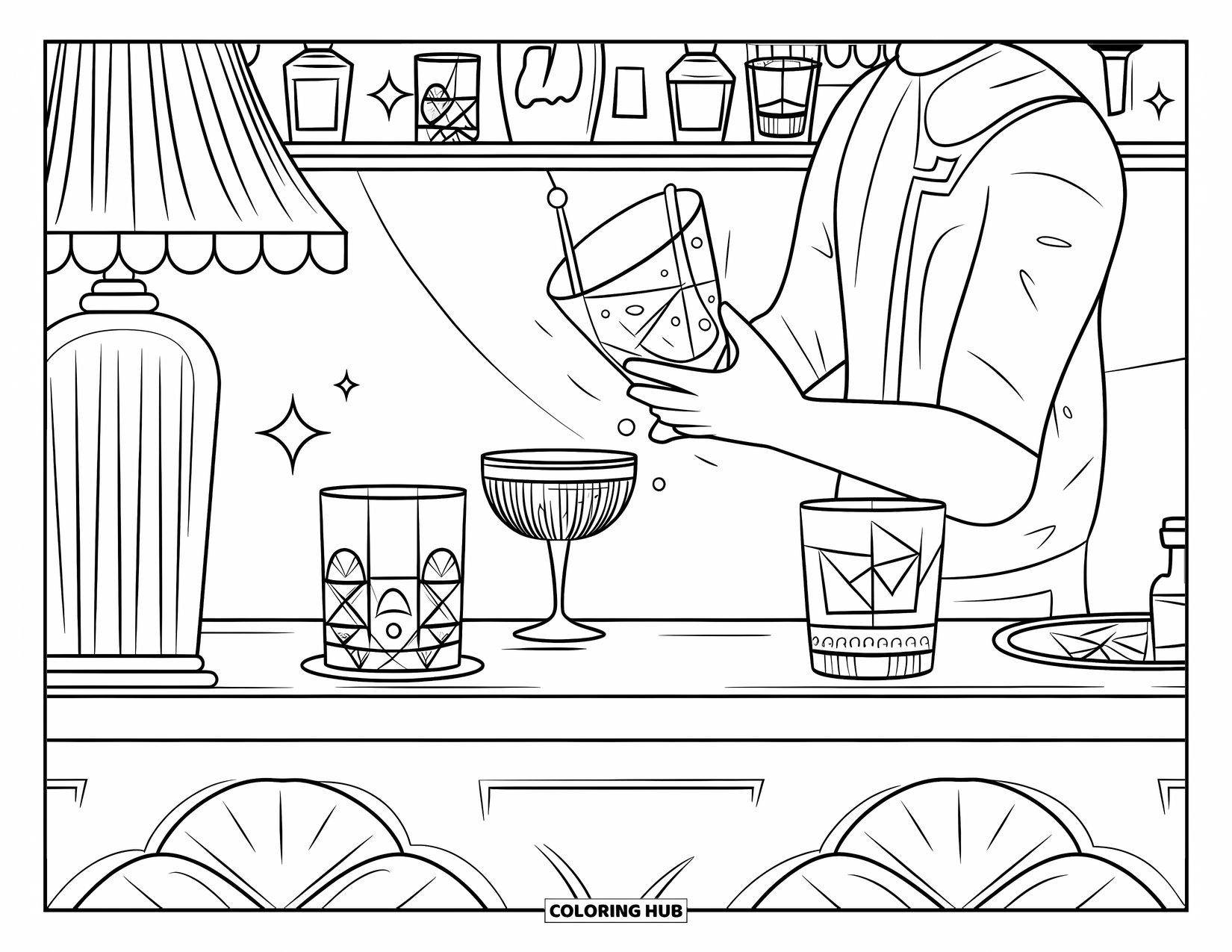 Drink Coloring Page for Adults: A bartender in a bowtie pours a cocktail at a bar filled with elegant glassware