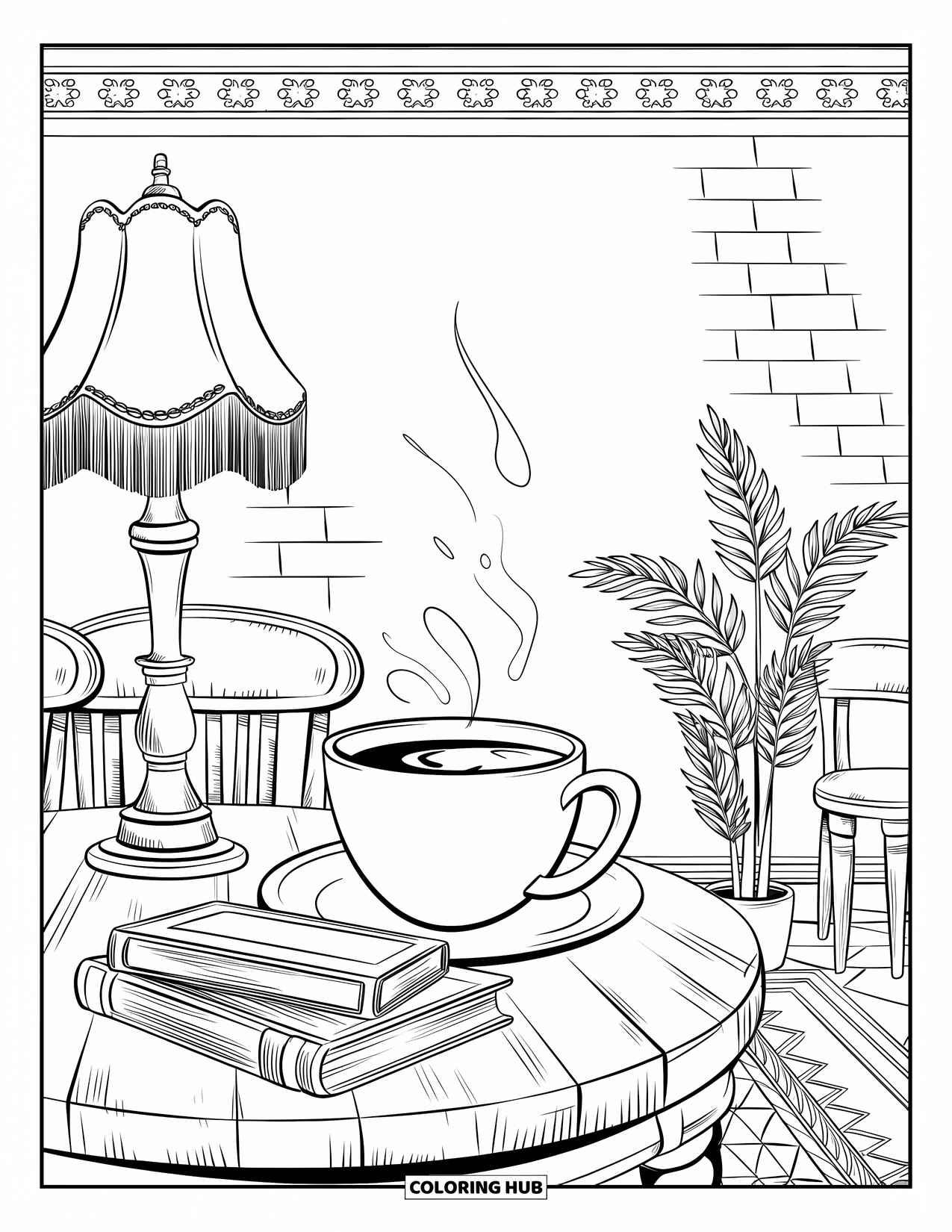 Drink Coloring Page for Adults: A café scene with coffee, books, and a vintage lamp creates a warm and inviting atmosphere