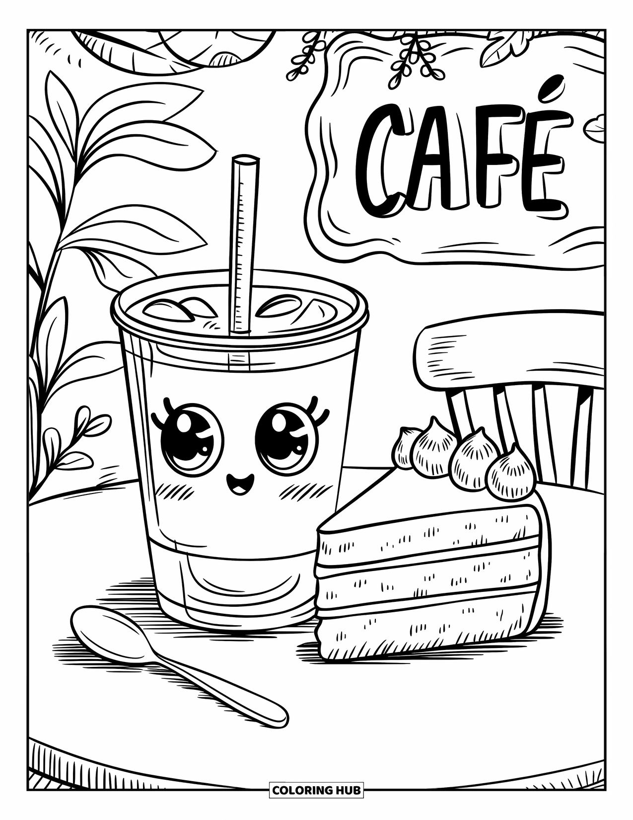 Drink Coloring Page for Adults: A cheerful iced coffee cup rests at a café table with a cake slice and a tiny straw