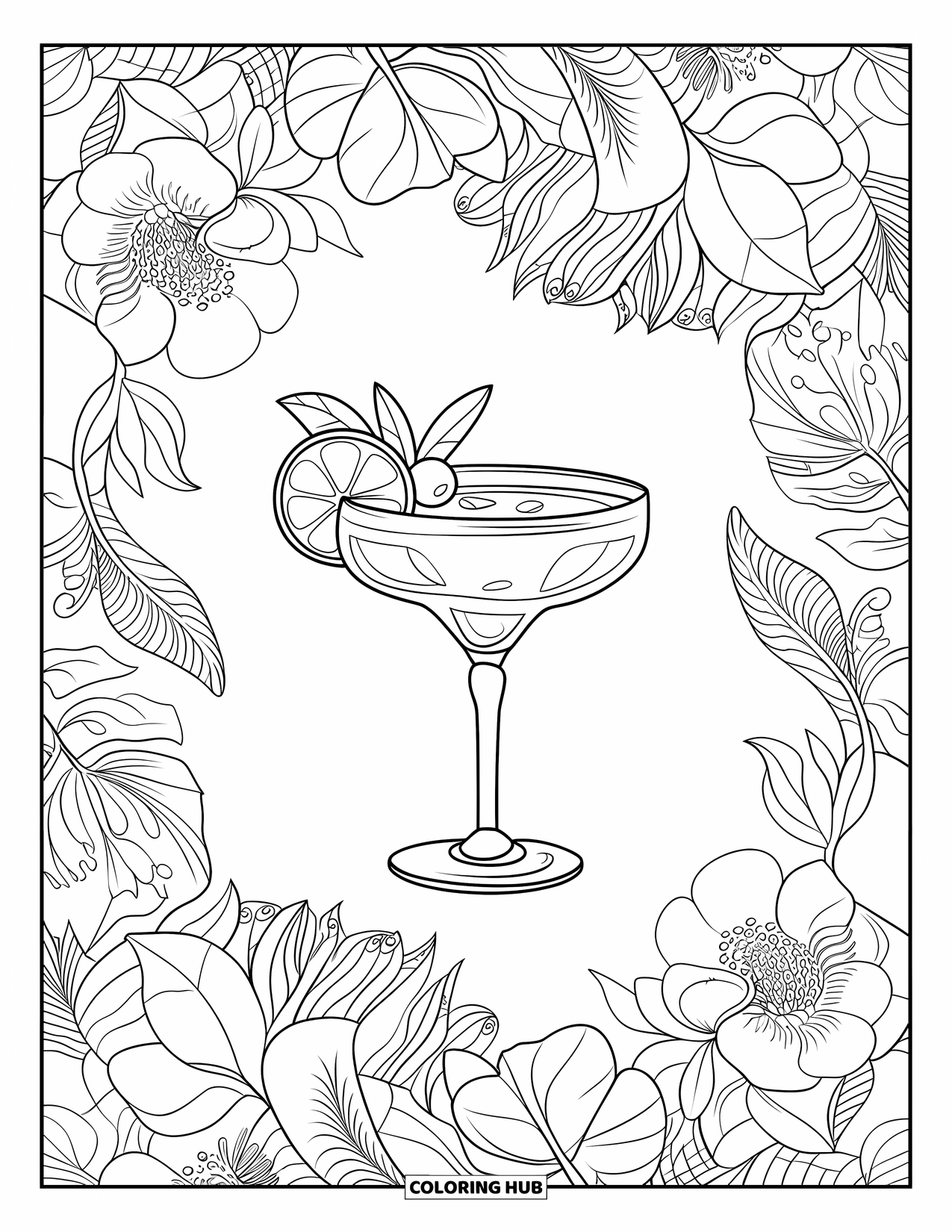 Drink Coloring Page for Adults: A cocktail glass with a lime wheel and intricate floral patterns creates a detailed coloring scene