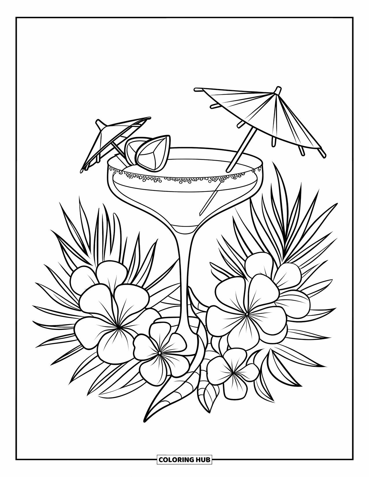 Drink Coloring Page for Adults: A cocktail glass with elegant garnishes sits among tropical floral designs with intricate details
