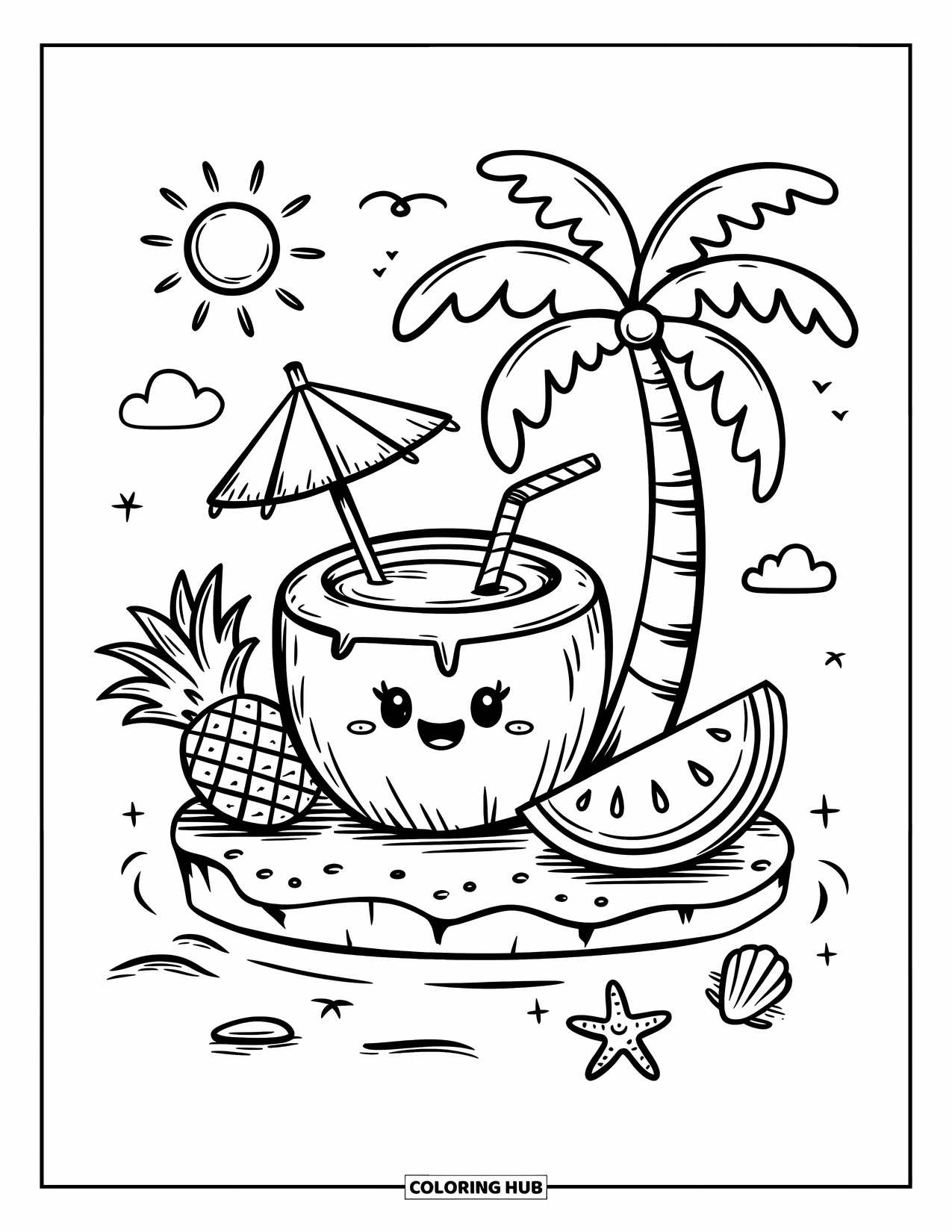 Drink Coloring Page for Adults: A coconut drink with a paper umbrella and fruit sits on an island with a palm tree and waves